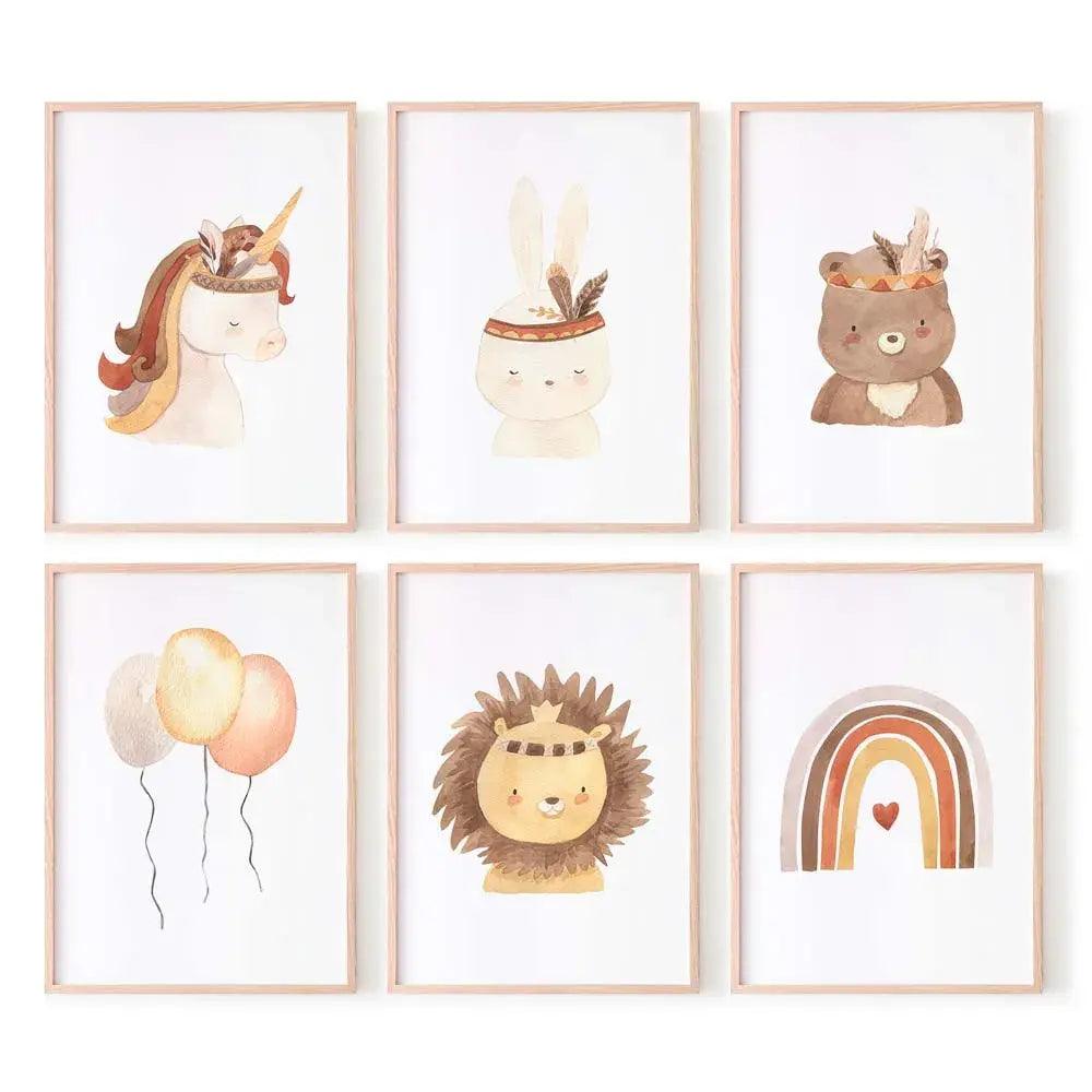 Juego de 6 láminas decorativas infantiles con dibujo de animales en acuarela con cinta en la cabeza