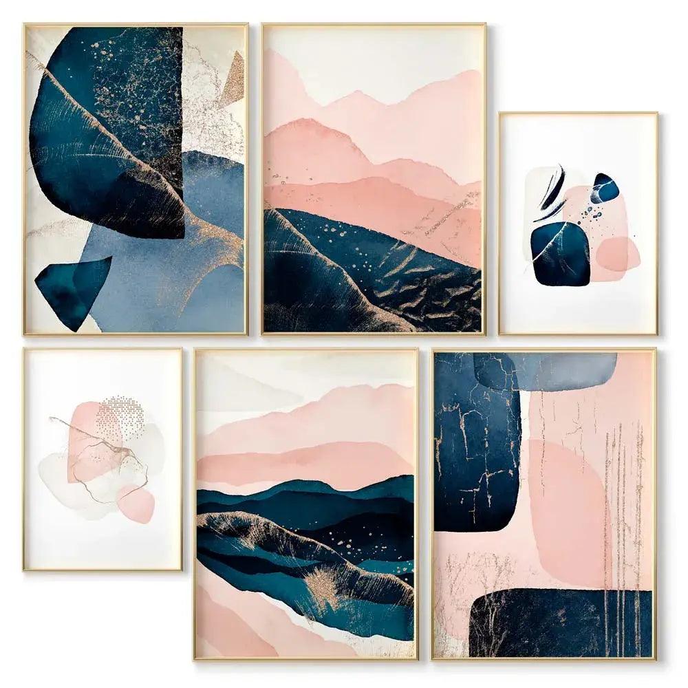 Juego de 6 láminas decorativas de estilo abstracto de color azul y rosa