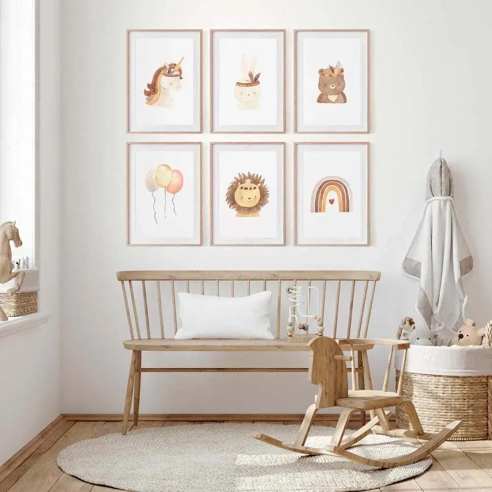 Juego de 6 láminas decorativas infantiles con dibujo de animales en acuarela con cinta en la cabeza