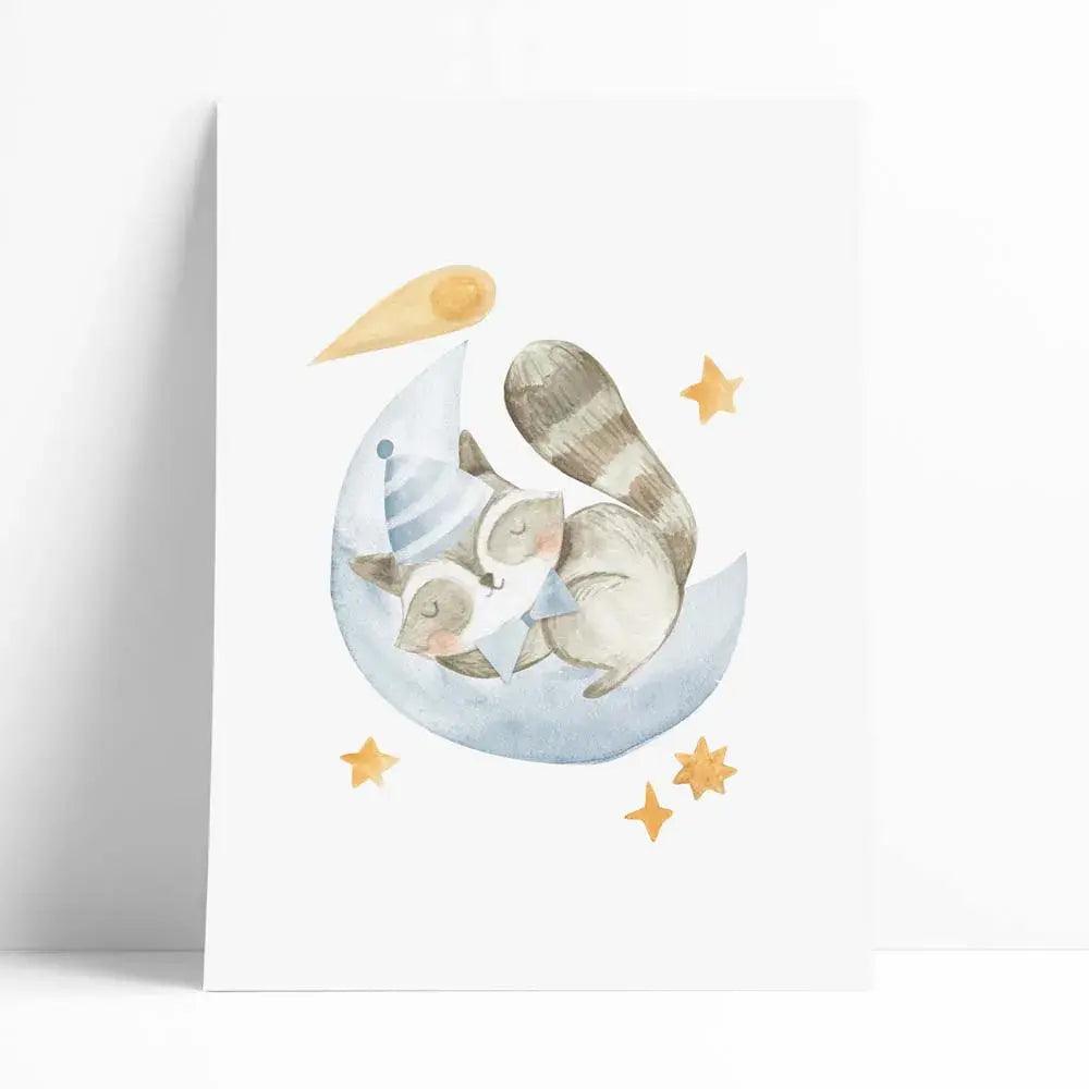 Juego de 6 láminas decorativas infantiles con dibujos en acuarelas de animales durmiendo en nubes y lunas azules