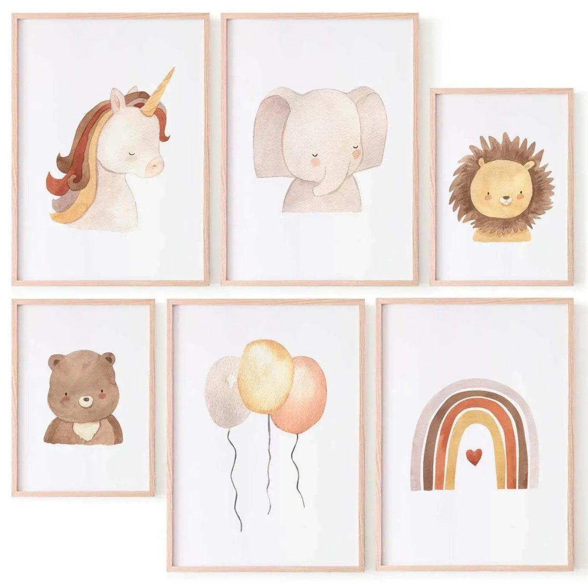 Juego de 6 láminas decorativas infantiles con dibujo de animales en acuarela