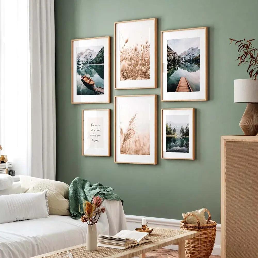 Juego de 6 láminas decorativas con fotografías montañas, hierbas y la frase motivadora "Haz más de lo que te hace feliz"