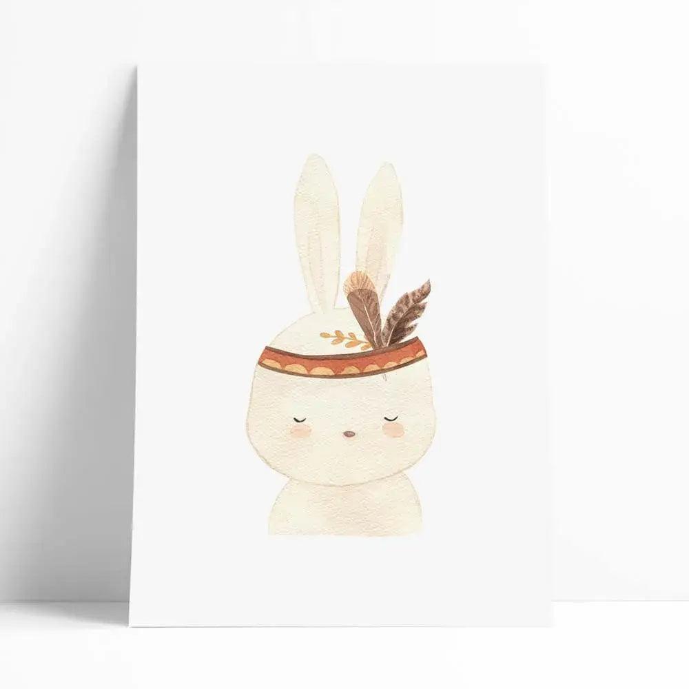 Lámina decorativa infantil con conejo en aquarela y una cinta en la cabeza