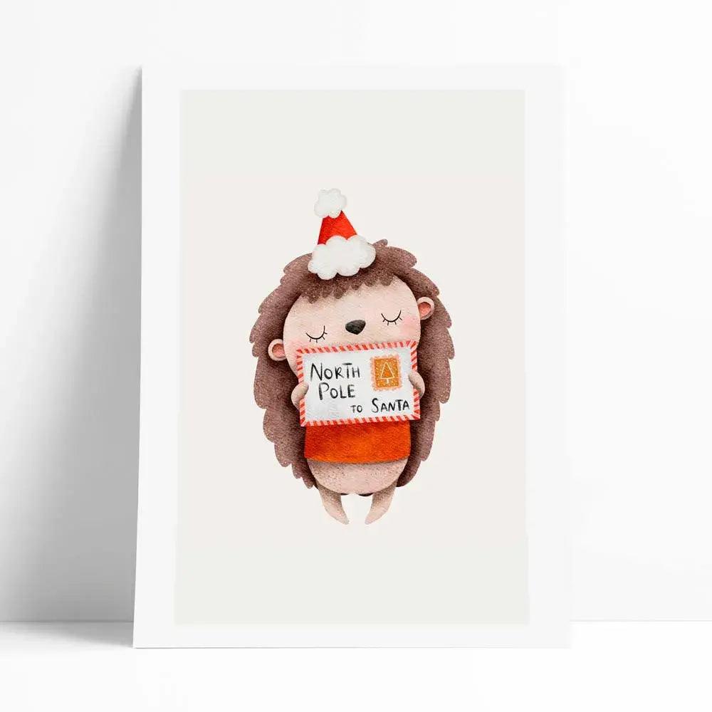 Lámina decorativa infantil en aquarelas con buho vestido con ropa de navidad