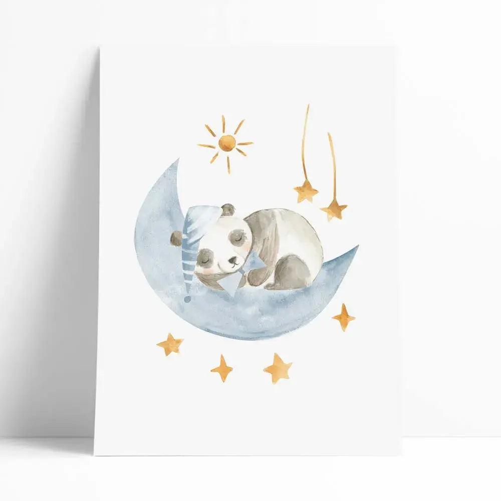 Lámina decorativa infantil en aquarelas de un koala durmiendo en una nube azul.