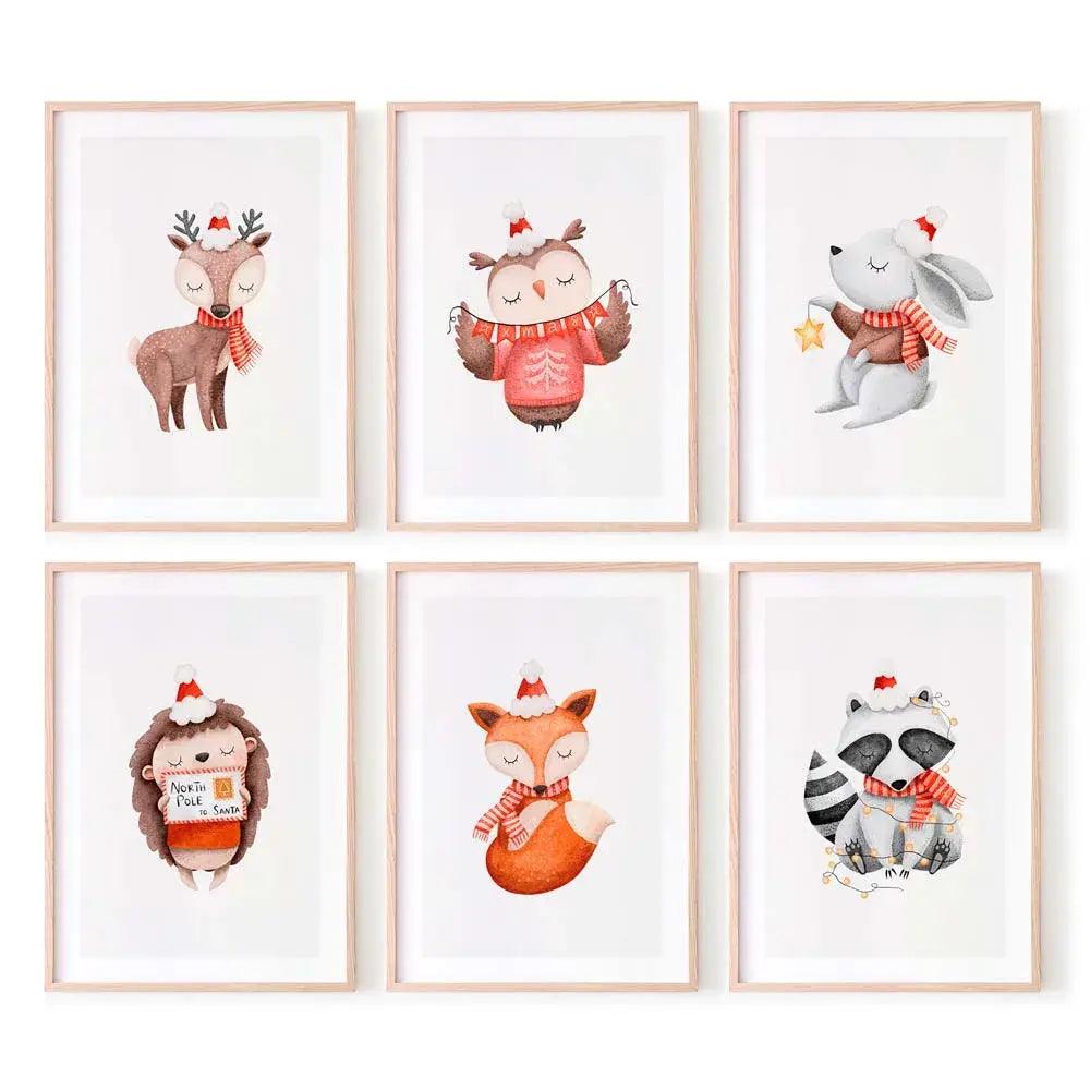 Juego de 6 láminas con ilustraciones de animales infantiles navideñas.