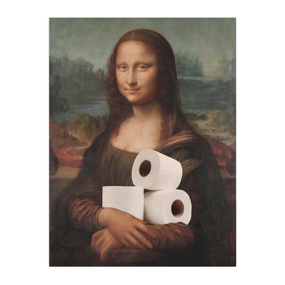Imagen de una lámina decorativa que representa a la Mona Lisa de Leonardo da Vinci sujetando rollos de papel higiénico. Diseño divertido y moderno.