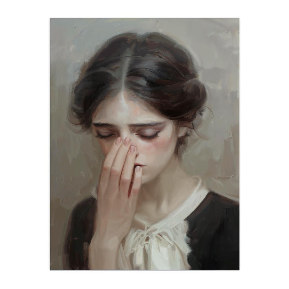 Retrato femenino melancólico, pintura estilo impresionista, colores neutros, arte decorativo para pared.