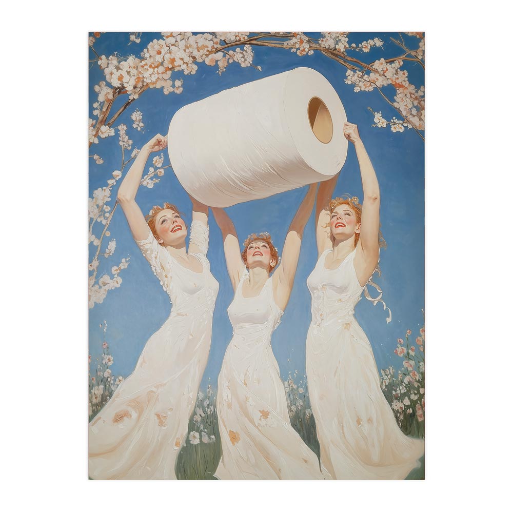 Tres mujeres en vestidos blancos levantan un gran rollo de papel higiénico bajo un cielo azul con flores de primavera. Obra de arte.