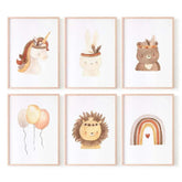 Juego de 6 láminas decorativas infantiles con dibujo de animales en acuarela con cinta en la cabeza