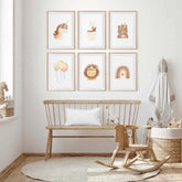 Juego de 6 láminas decorativas infantiles con dibujo de animales en acuarela con cinta en la cabeza