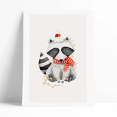 Lámina decorativa infantil en aquarelas con buho vestido con ropa de navidad