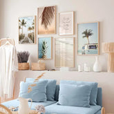 Juego de 6 láminas decorativas de fotografías con playa, palmeras y frase motivadora "Pies de arena y Besos salados"