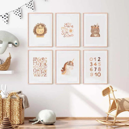 Juego de 6 láminas decorativas infantiles con dibujo de animale