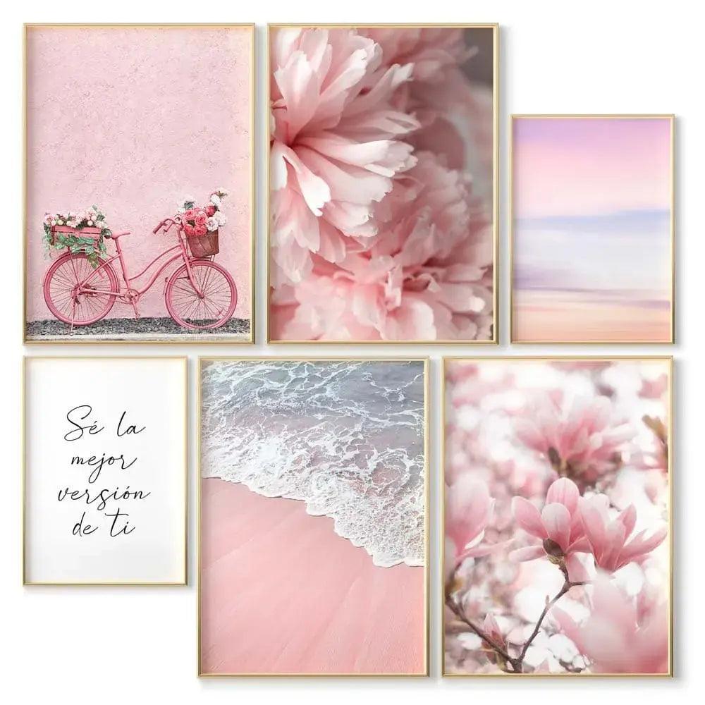 Juego de 6 láminas decorativas de fotografías con tonos rosa ideales para decorar el salón o el dormitorio.