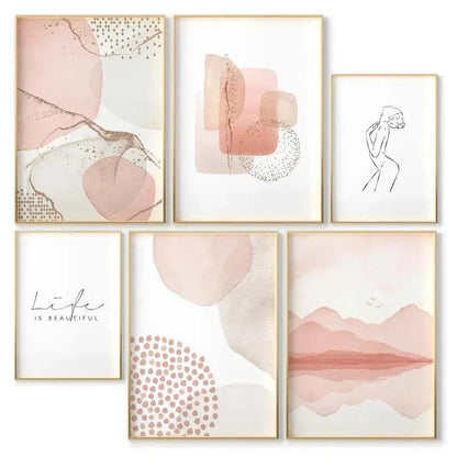Conjunto de 6 láminas con ilustraciones rosas