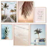 Juego de 6 láminas decorativas de fotografías con playa, palmeras y frase motivadora "Pies de arena y Besos salados"