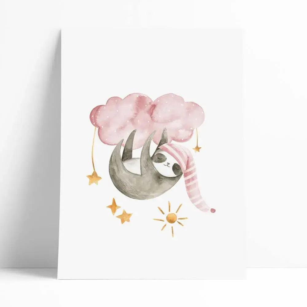 Lámina decorativa infantil con aquarelas de un koala durmiendo en una nube rosa