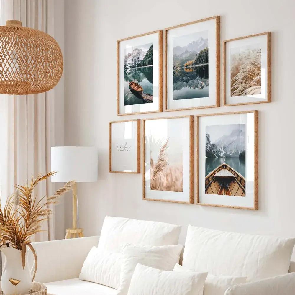 Conjunto de 6 láminas decorativas en el salón con imagenes de bosque, montaña y pampas