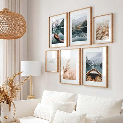 Conjunto de 6 láminas decorativas en el salón con imagenes de bosque, montaña y pampas