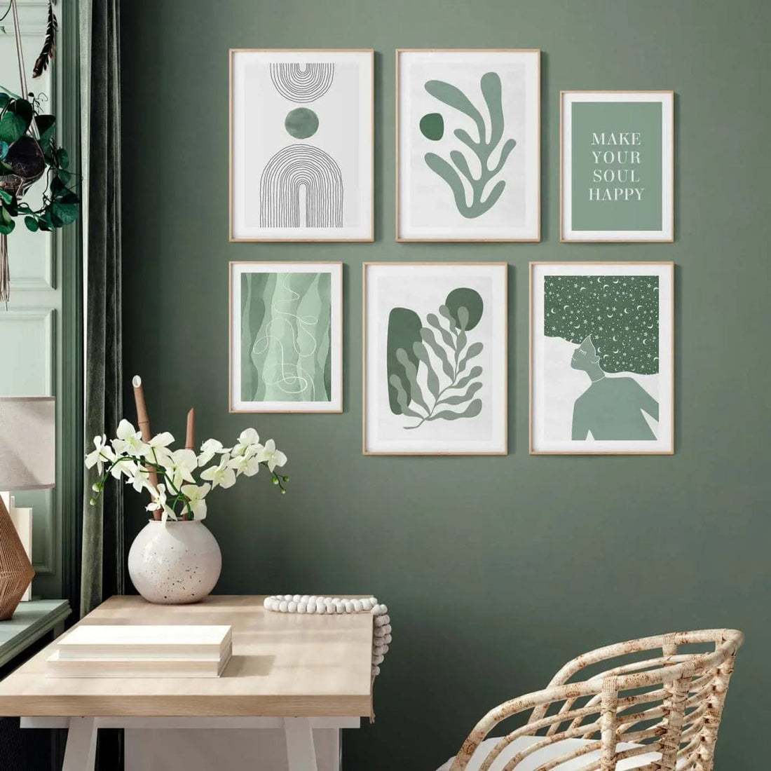 Juego de 6 láminas decorativas con ilustraciones abstractas Matisse color verde ideales para decorar tu salón o dormitorio
