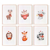 Juego de 6 láminas con ilustraciones de animales infantiles navideñas. 